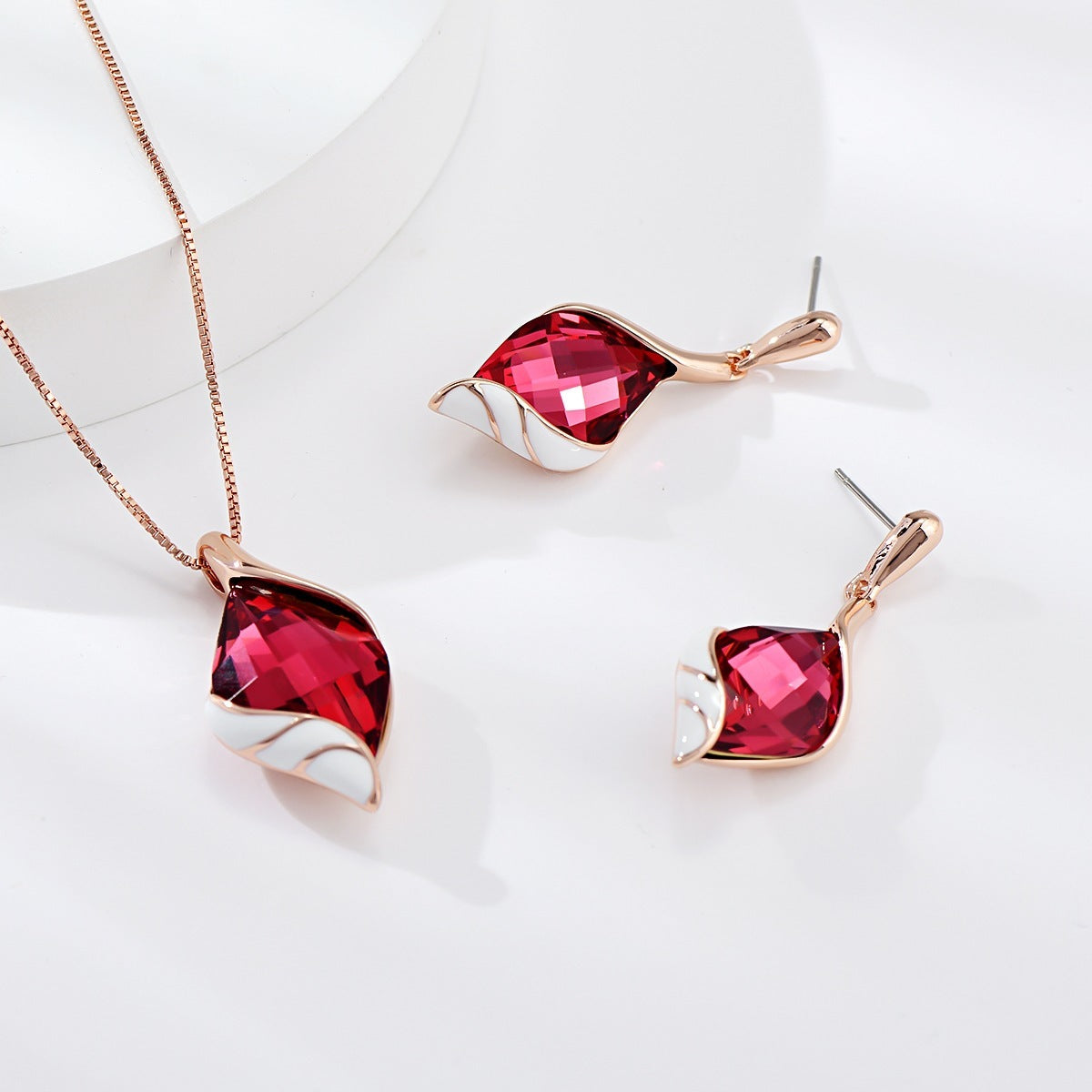 Alloy Artificial Crystal Earrings Necklace Set - Rose Gold - set
