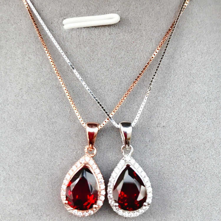 Wine Red Garnet Teardrop 925 Silver Pendant Necklace - necklace
