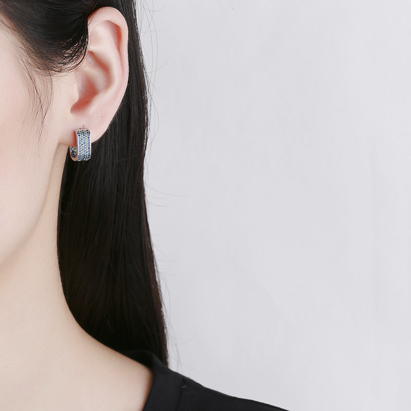 S925 Sterling Silver Full Gems Stereo Square Earrings - Silver - earrings