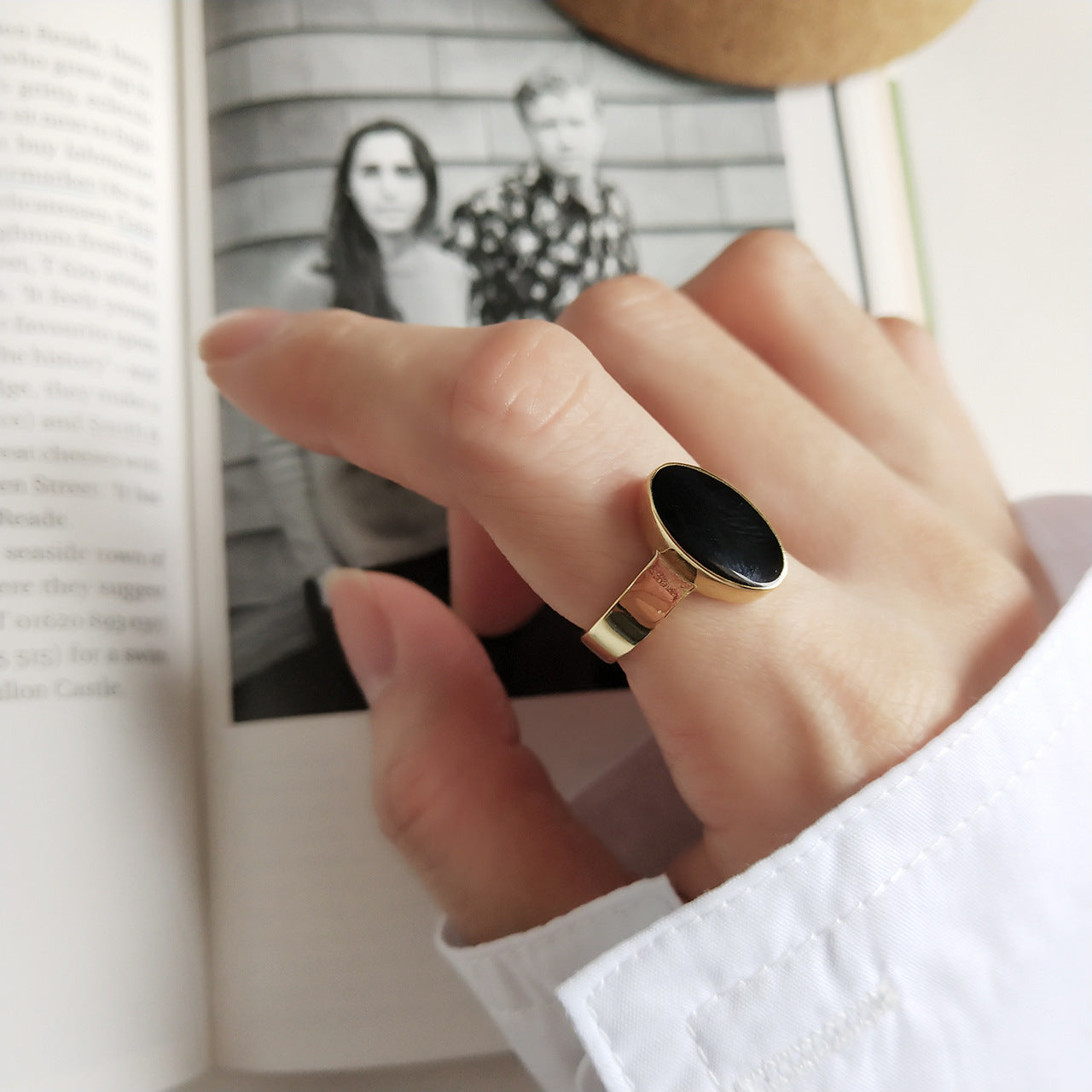Elegant Han Style 925 Silver Oval Epoxy Ring - 18K Gold / Adjustable Opening - ring