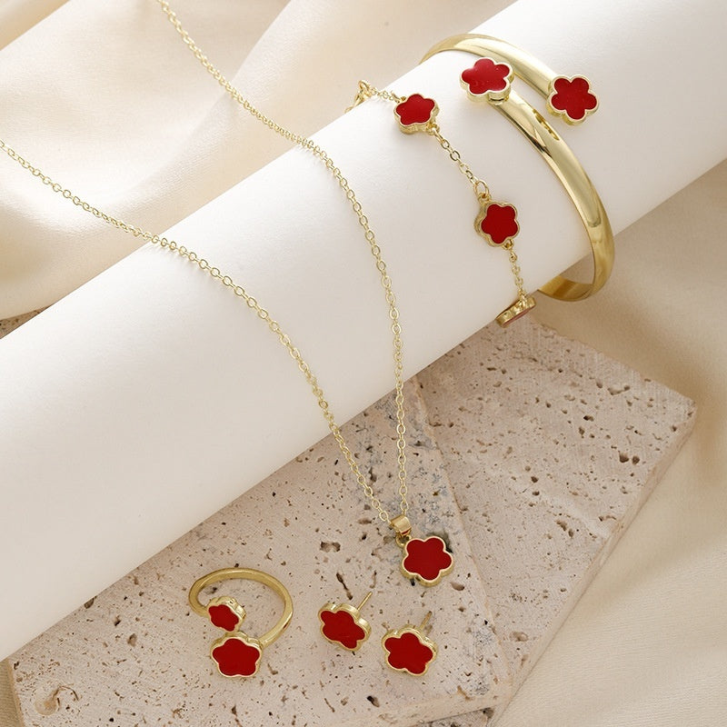 Alloy Jewelry Set with Acrylic Floral Inlay - CK0313 Red Drip Type - set