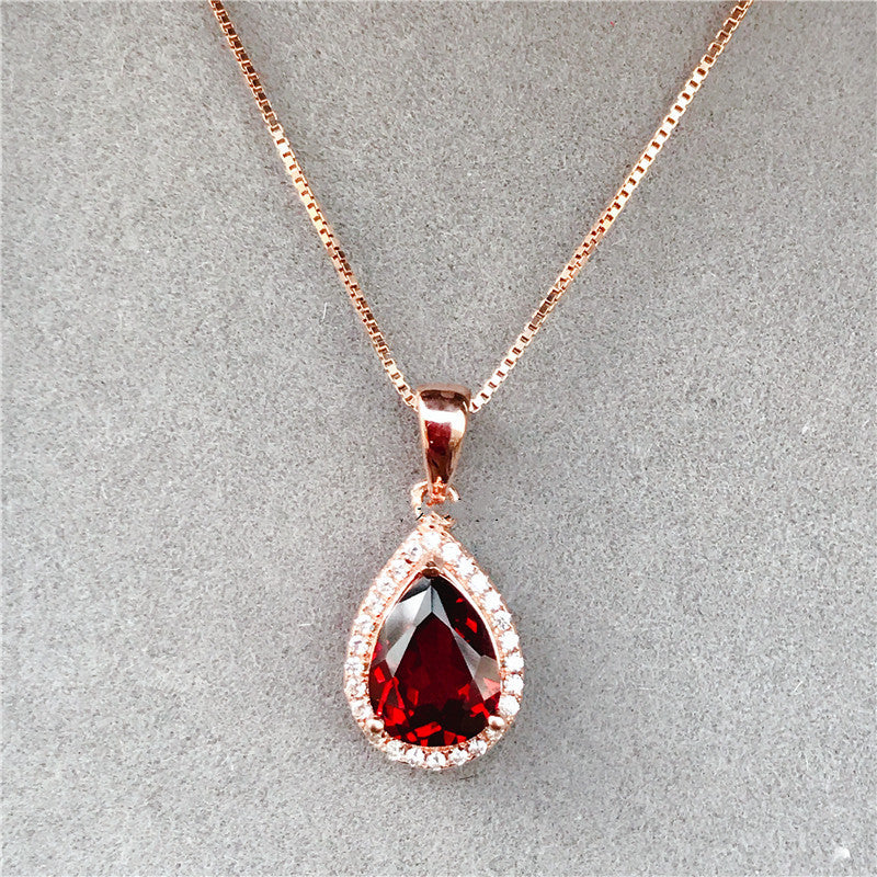 Wine Red Garnet Teardrop 925 Silver Pendant Necklace - Rose Gold - necklace