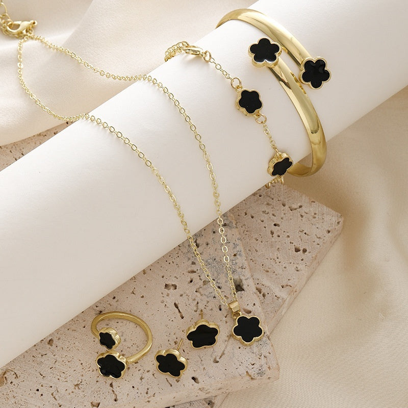 Alloy Jewelry Set with Acrylic Floral Inlay - CK0312 Black Drip Type - set