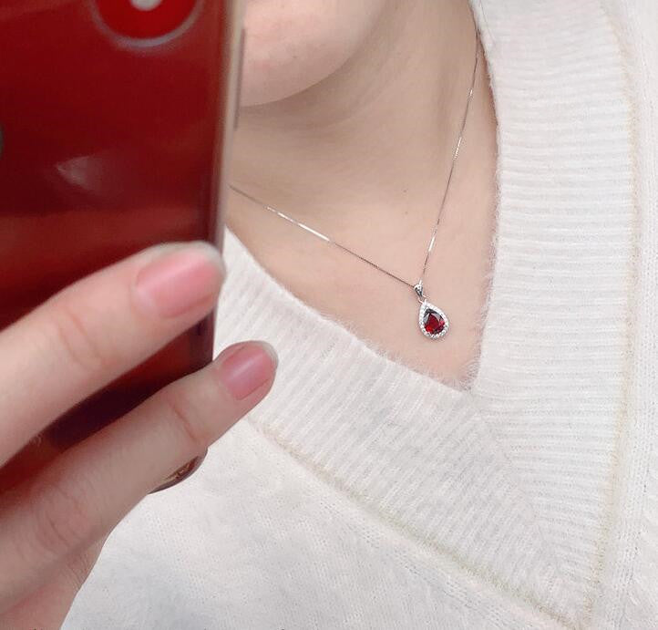 Wine Red Garnet Teardrop 925 Silver Pendant Necklace - necklace