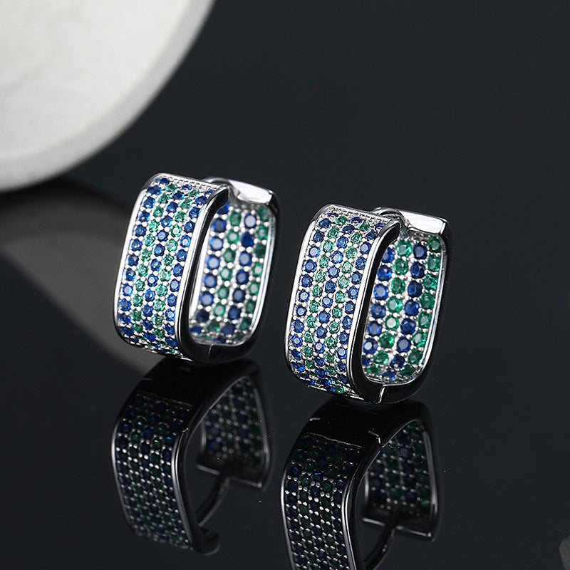 S925 Sterling Silver Full Gems Stereo Square Earrings - Silver - earrings