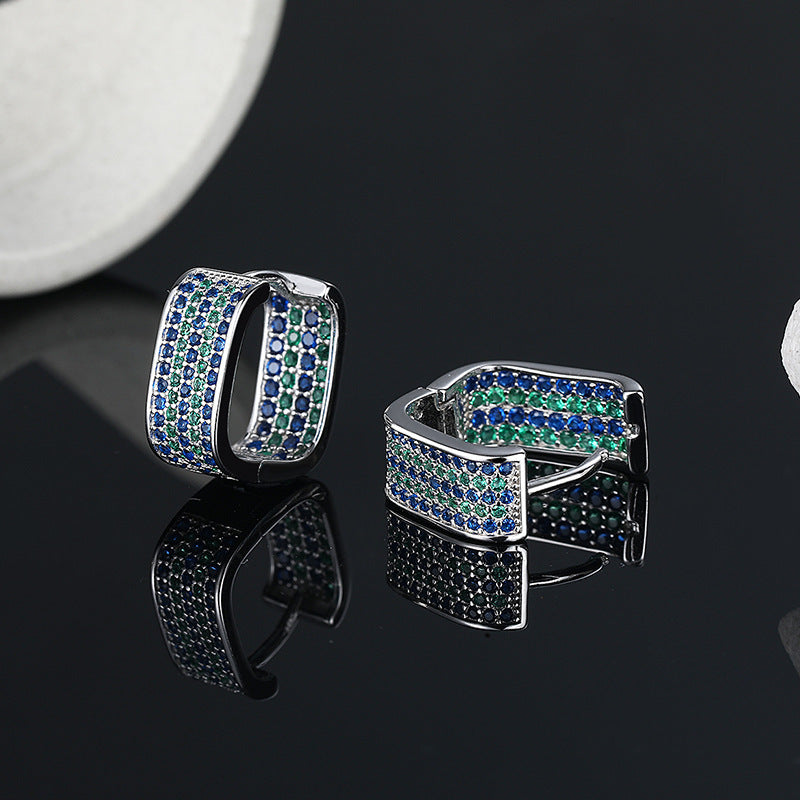 S925 Sterling Silver Full Gems Stereo Square Earrings - Silver - earrings