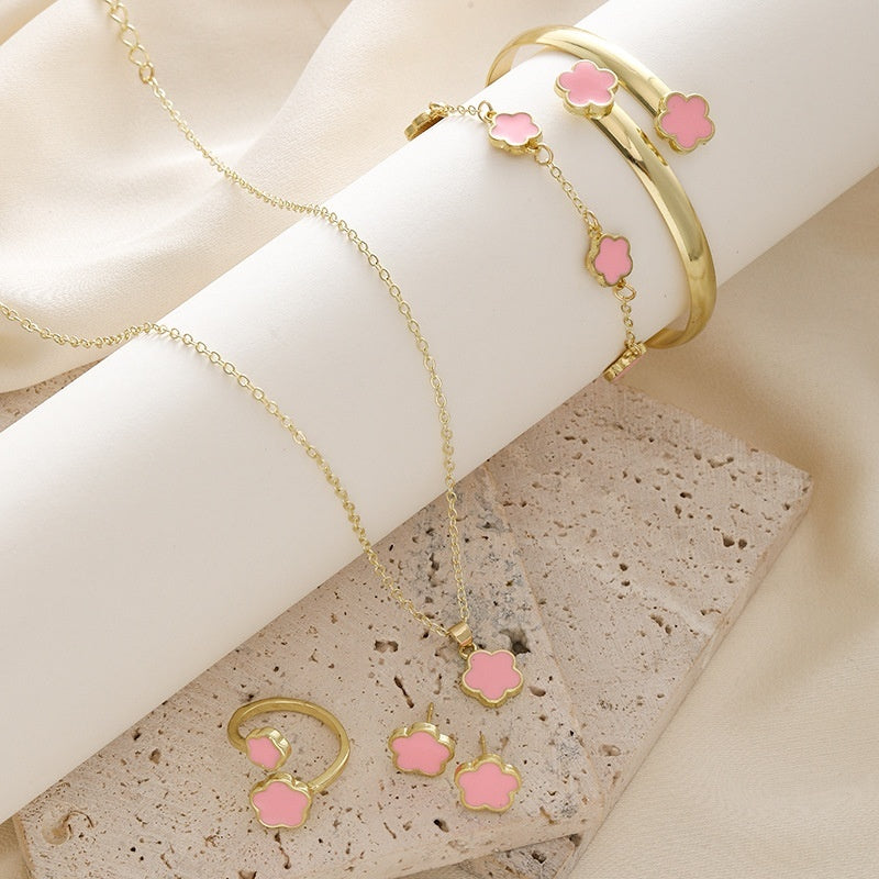 Alloy Jewelry Set with Acrylic Floral Inlay - CK0309 Pink Dripping Type - set