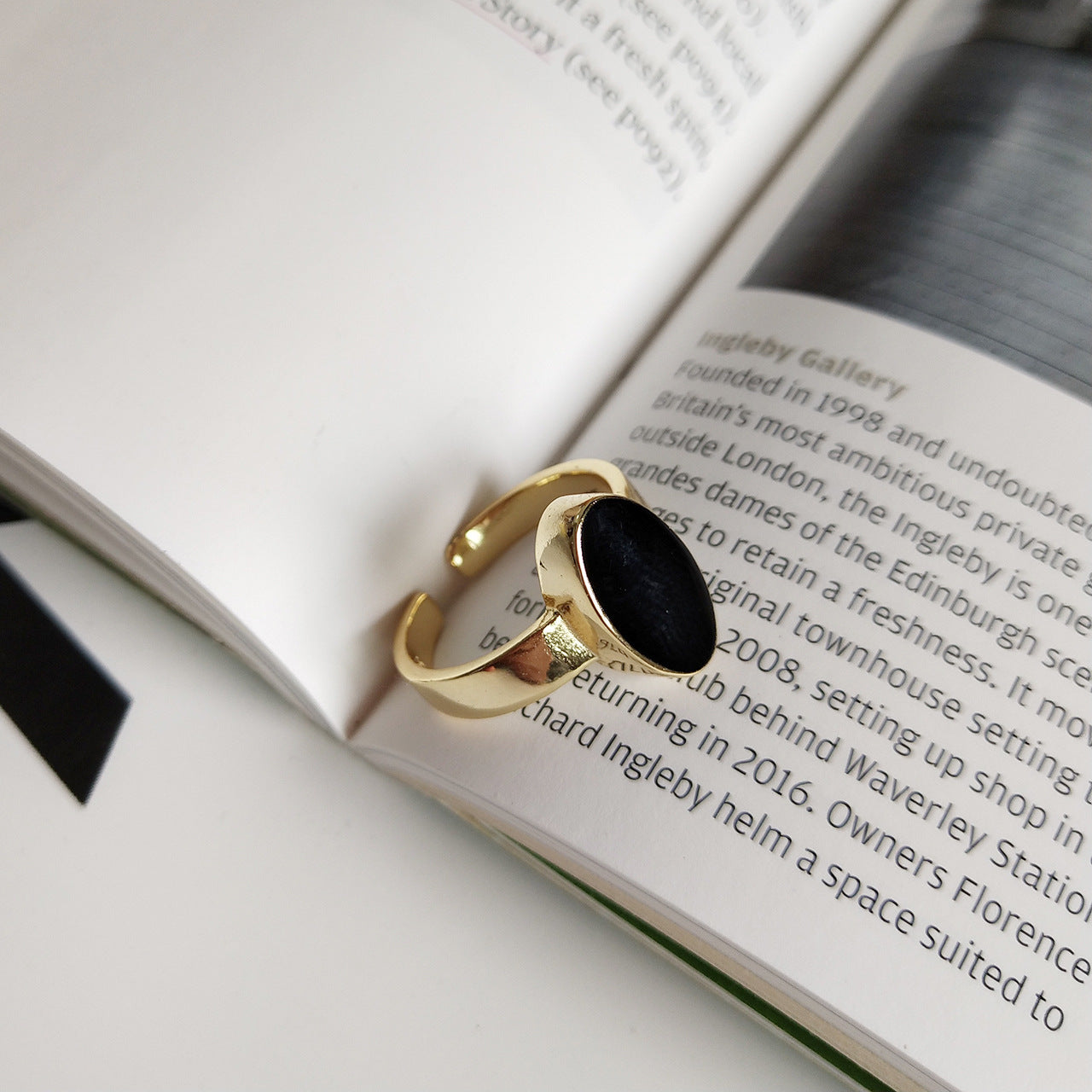 Elegant Han Style 925 Silver Oval Epoxy Ring - 18K Gold / Adjustable Opening - ring