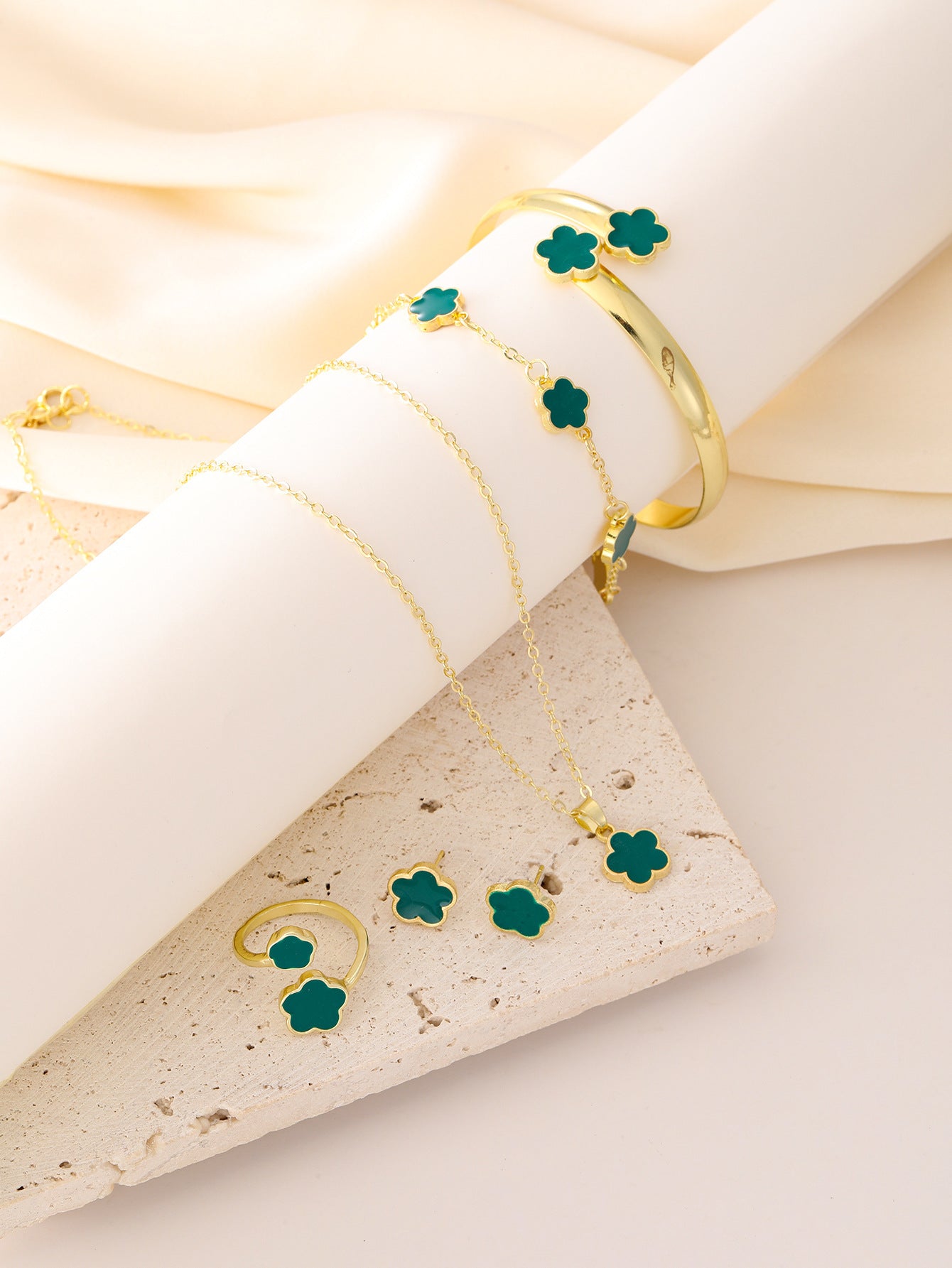 Alloy Jewelry Set with Acrylic Floral Inlay - CK0310 Green Drip Type - set