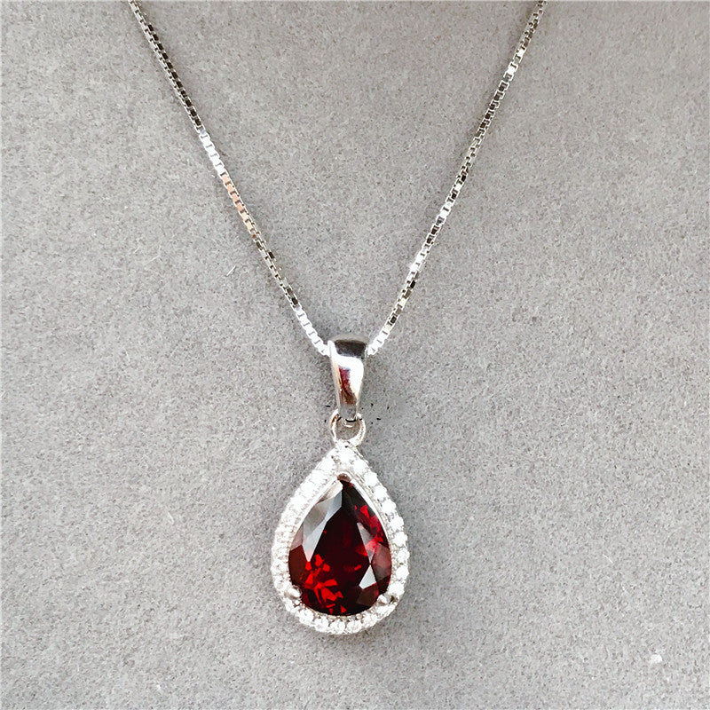 Wine Red Garnet Teardrop 925 Silver Pendant Necklace - 18K white gold - necklace