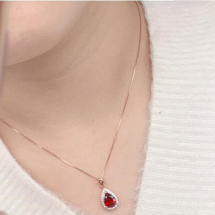 Wine Red Garnet Teardrop 925 Silver Pendant Necklace - necklace