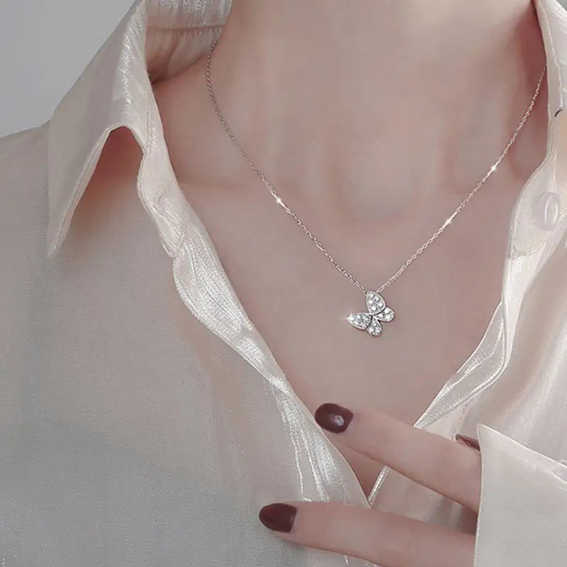 S925 Sterling Silver Butterfly Necklace - White Gold Color / large size - necklace