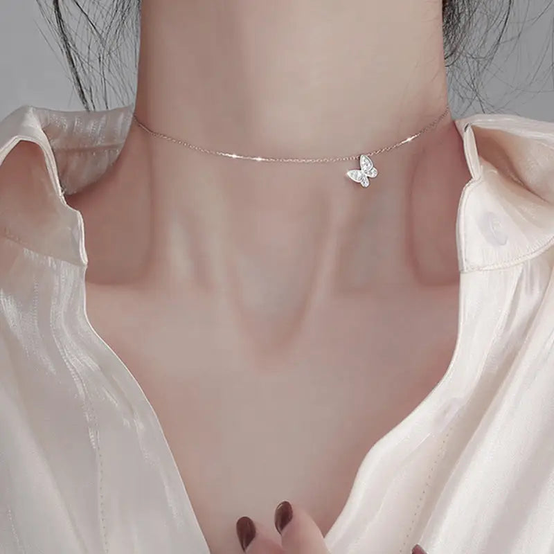 S925 Sterling Silver Butterfly Necklace - White Gold Color / Small Size - necklace