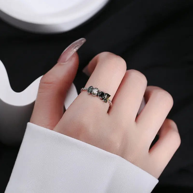 S925 Sterling Silver Olive Green Zircon Inlaid Ring - KDP1436 - ring