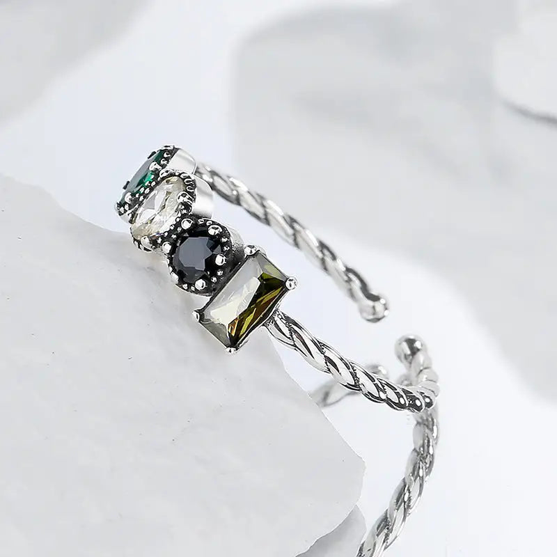 S925 Sterling Silver Olive Green Zircon Inlaid Ring - KDP1436 - ring