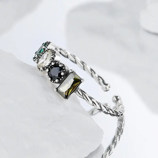 S925 Sterling Silver Olive Green Zircon Inlaid Ring - KDP1436 - ring